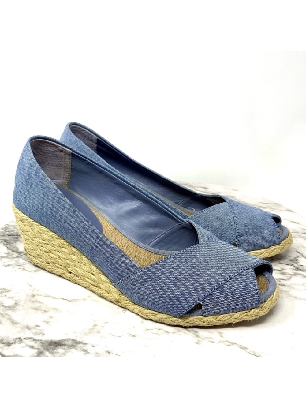 Lauren Ralph Lauren Cecilia Chambray Peep Toe Espadrille Wedges 9 Classic Chic